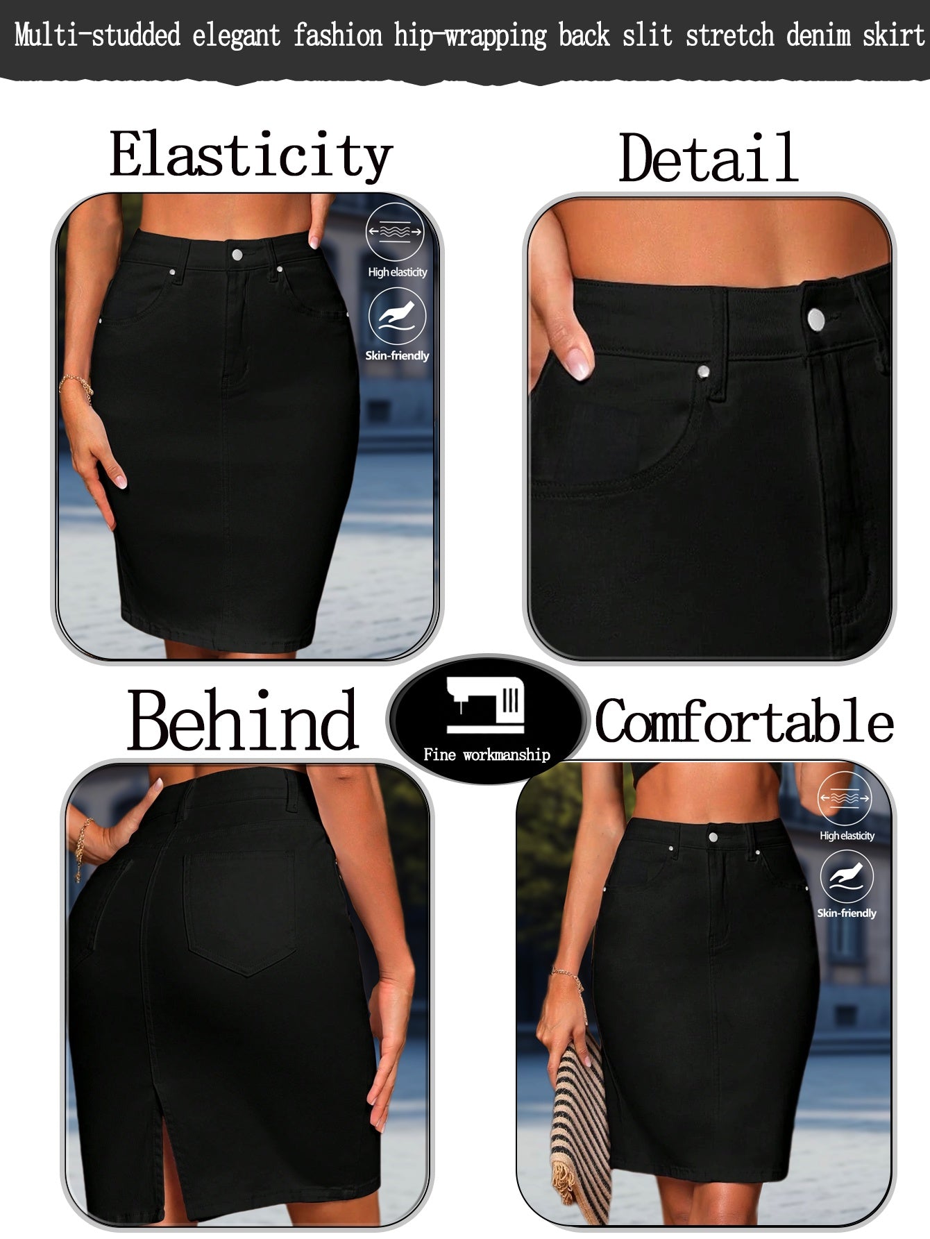 Women's Slim Fit High Waisted Black Denim Pencil Skirt with Stylish Button Front and Functional Side Pockets, Featuring a Modern Side Slit Design and Comfortable Stretchy Skin-Friendly Fabric, Perfect for Casual Vintage and Y2K Style Outfits