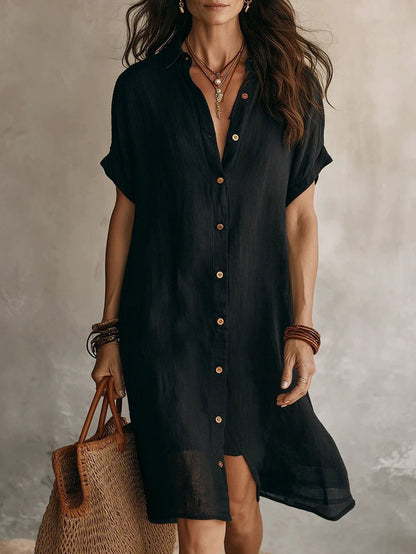 Shirt Dress, Fashionable and Casual, Solid Color, Short Sleeve, Buttoned, Mid-length Dress