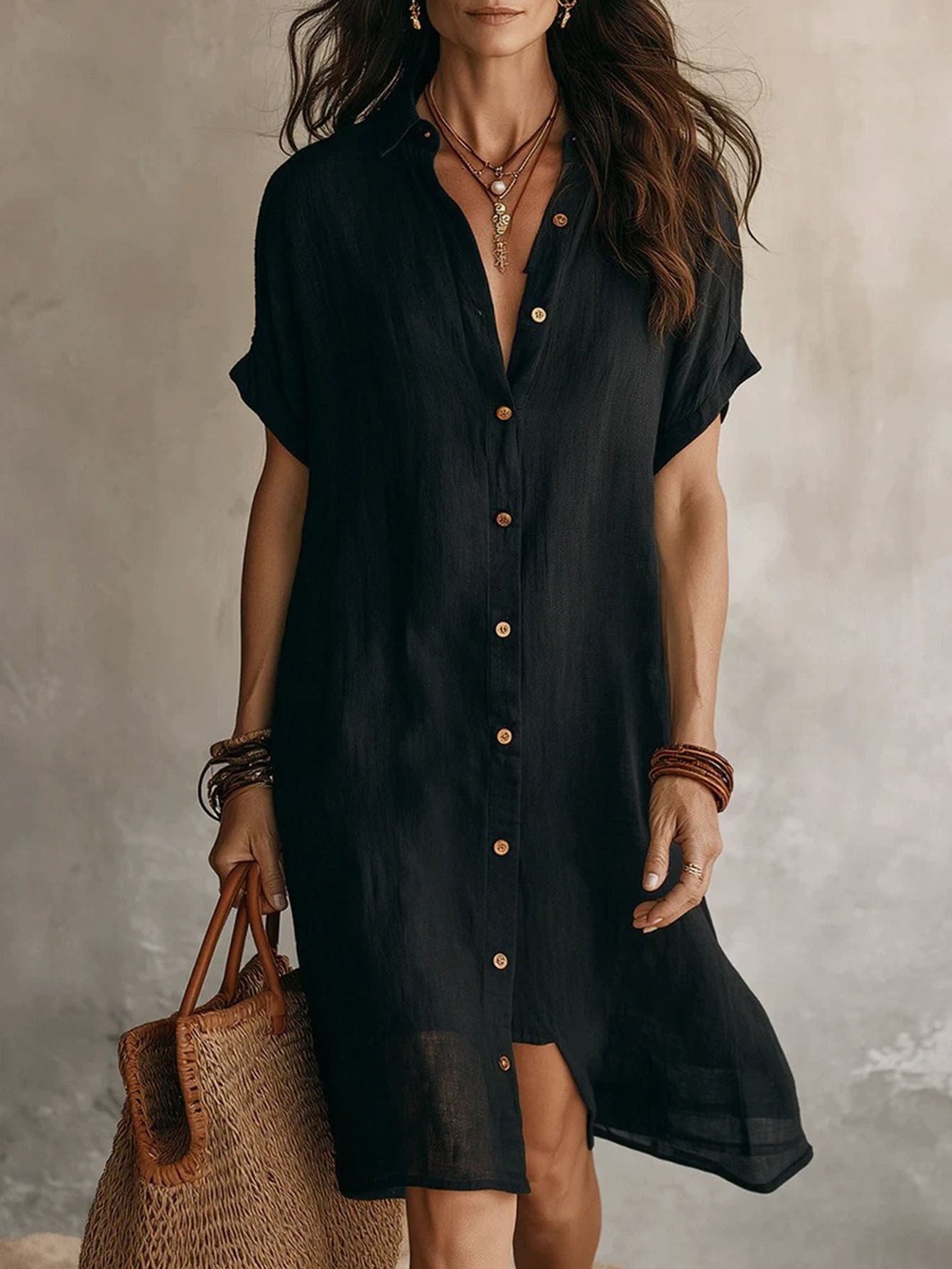 Shirt Dress, Fashionable and Casual, Solid Color, Short Sleeve, Buttoned, Mid-length Dress