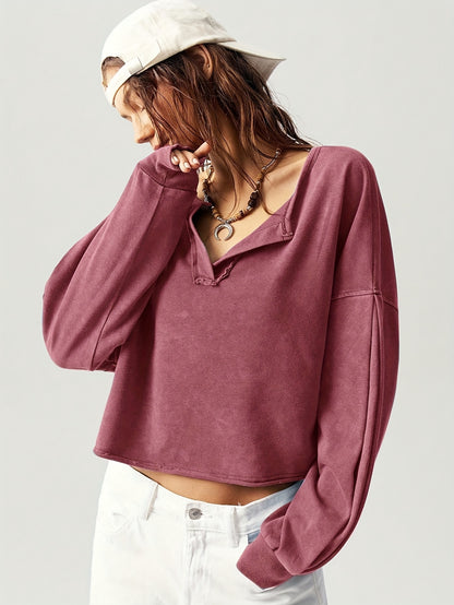 Casual Solid Color V-Neck Long Sleeve Loose Fit Women Sweatshirt Fall Tops Women Cropped Sweatshirt Long Sleeve Tops Comfy Tops Tops for Women