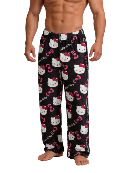 Sanrio Hello Kitty Men's Anime Pajamas - Hello Kitty Face & Iconic Print Flannel Sleepwear, Cozy Winter Lounge Pants, Machine Washable Cartoon Sleepwear for & Men (-)