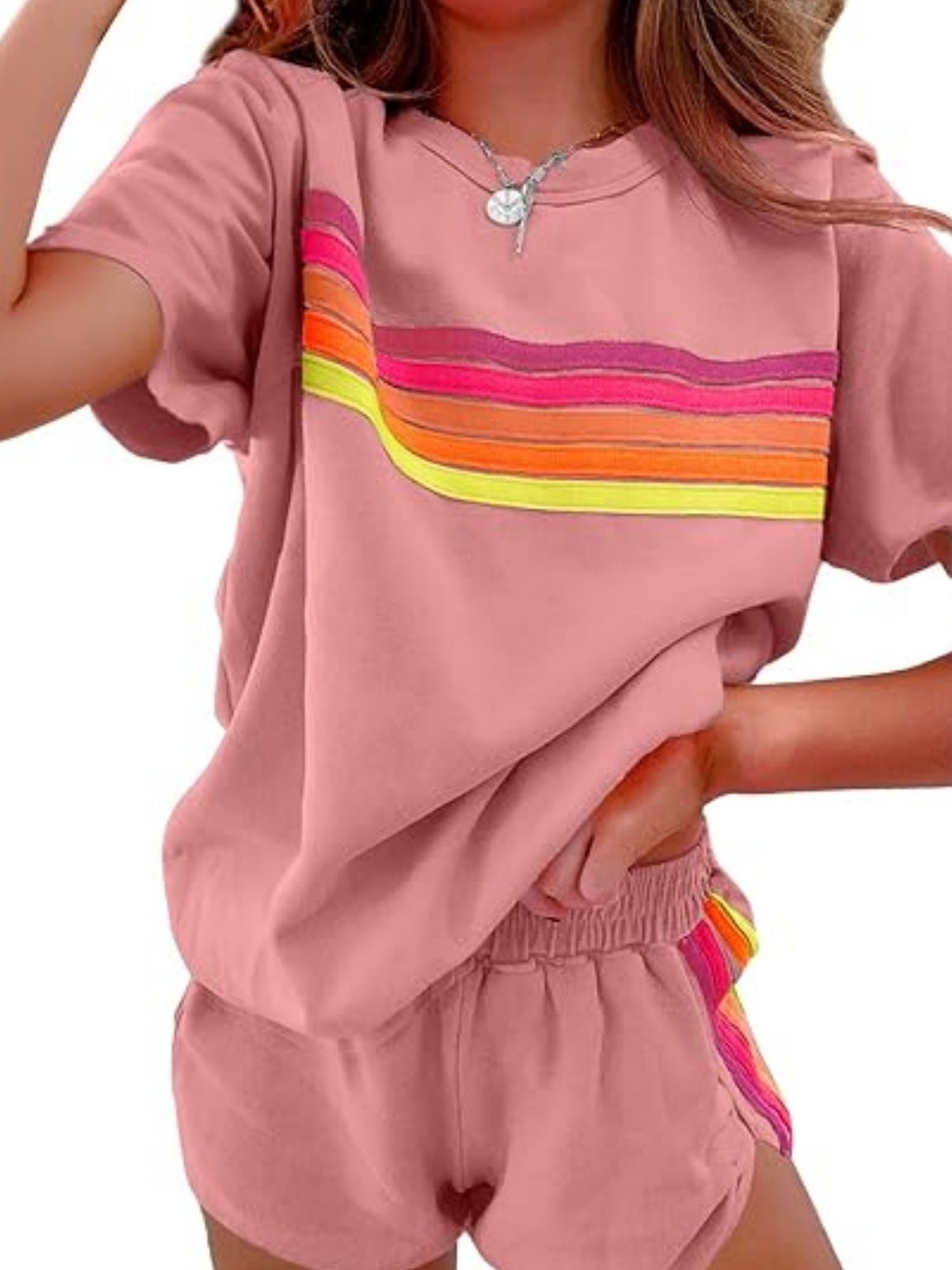 2pcs Set Elevate Your Style with Our Chic Color-Block Shorts Set in White, Blue, Pink, Or Light Brown