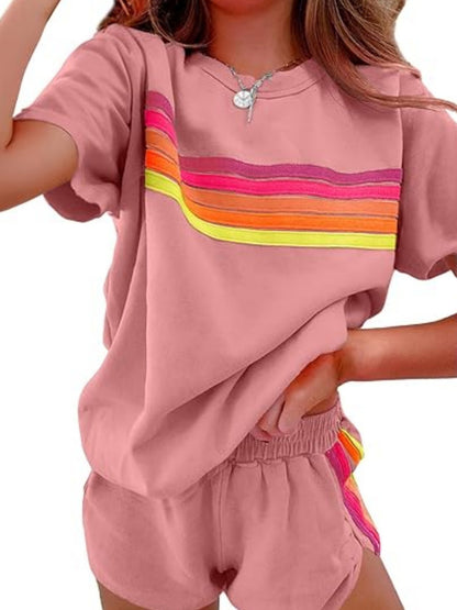 2pcs Set Elevate Your Style with Our Chic Color-Block Shorts Set in White, Blue, Pink, Or Light Brown