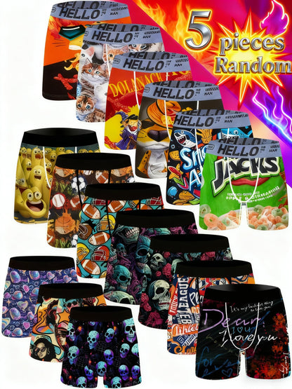 5-Pack Men's Graffiti and Game Controller Boxer Briefs- Breathable Quick- Polyester Fiber, Medium Elasticity, Random Camouflage Print for Home, Swimming, and Casual Wear, Playful Pattern Boxer Briefs|Comfortable and Well-fitting Boxer Shorts