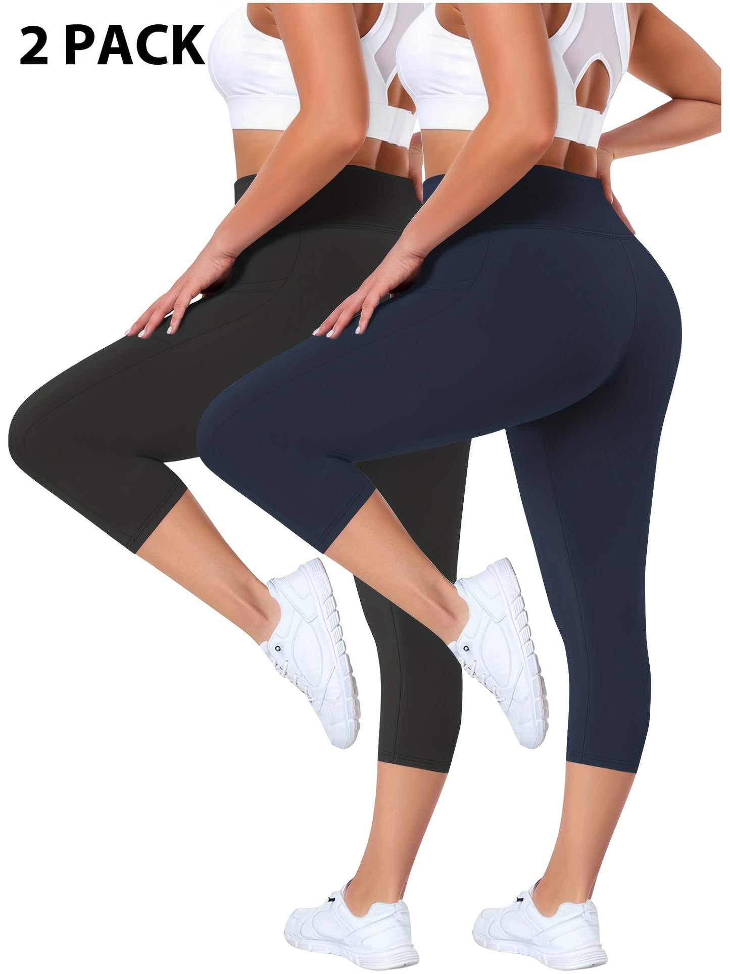 Plus Size - 2pcs Set - Plus Size High-Waisted Pocket Capri Pants - Soft Suitable for And Workouts - Elegant Style - New Spring And Summer Collection - Targeted Design