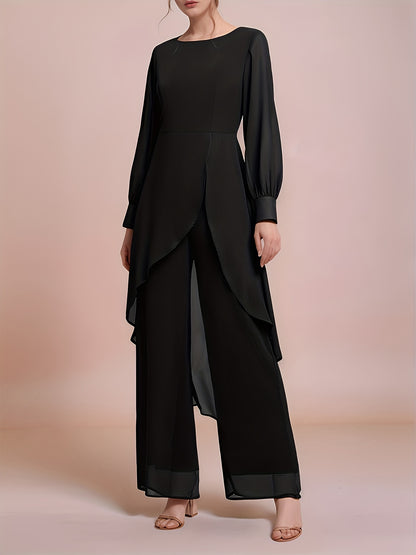 Ladies' Elegant Two-piece Set, Fashionable Chiffon Top with Flowing Sleeves, Wide-leg Pants, And Stylish Accessories - A Must-have Party Dress Pants Set for All Seasons.