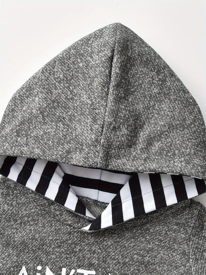 KuKitty Baby Boy 2pcs Hooded Bodysuit & Pants Set - Striped Letter Print "Ain't No Mama Like The One I Got" & "Little for Man Mama" Outfit, Soft Warm Winter Clothes, Machine Washable Boywear (Gray/White), Perfect for Outdoor