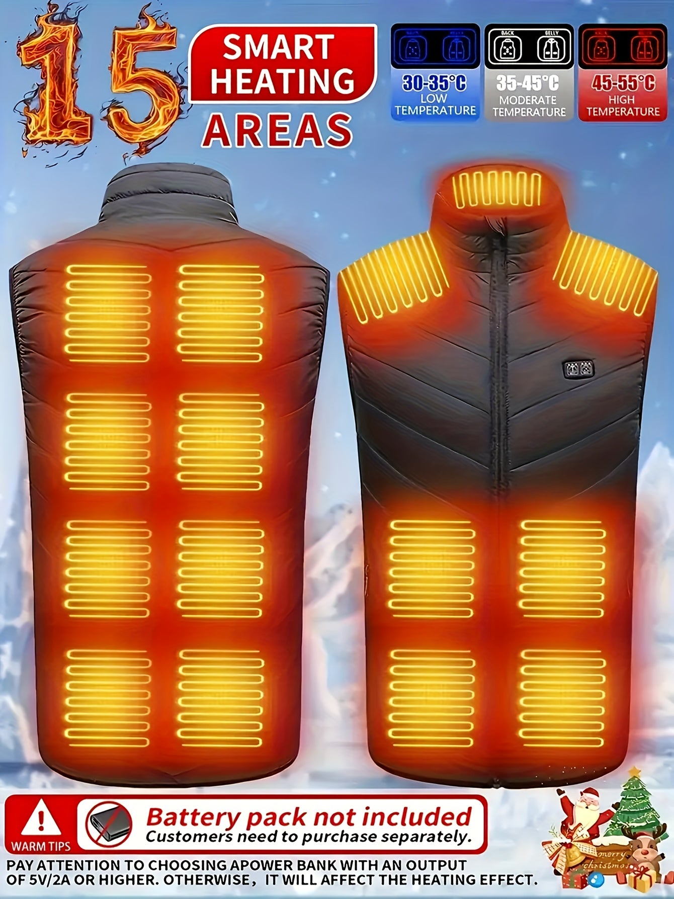 Heated Vest with 15 Heating Zones Dual-control Separate Heat Control for front and Back Gifts Idea Gift for Men Outdoor Sports Fishing Vest Warm Heating Clothing USB Charge 3 Heating Mode (Battery not Included)