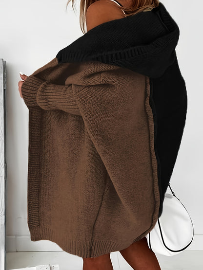 Women's Autumn And Winter Fashion Warm Clashing Color Bat Sleeve Hooded Cardigan