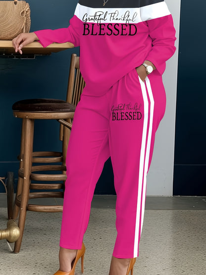 Ladies' Casual Two-piece Set, Striped Printed Trousers with Pockets for Thanksgiving Blessings