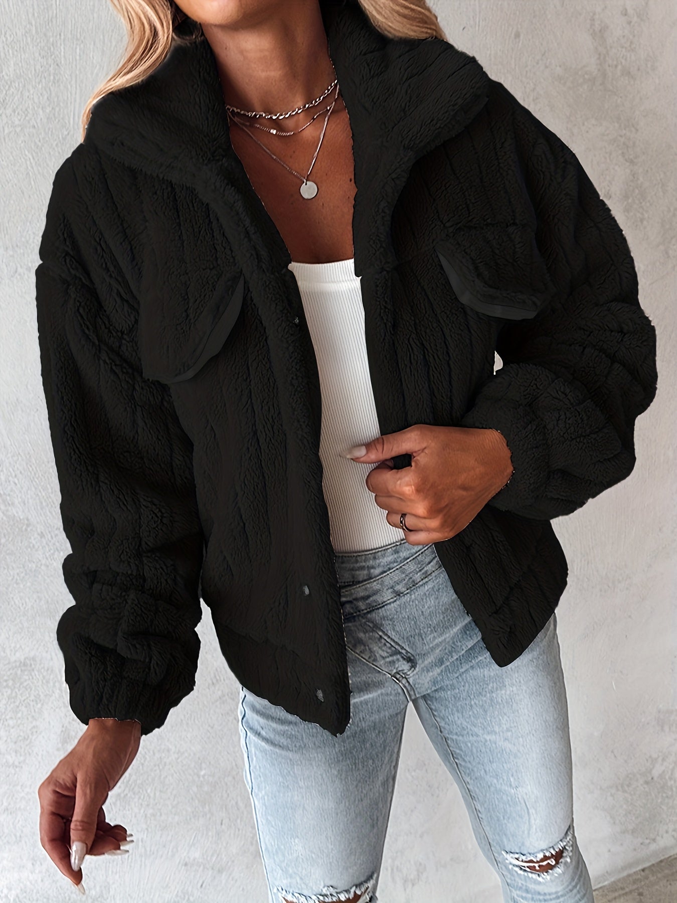 Women's Luxurious Plush Jacket - Soft Pink Winter Coat with Stand-Up Collar & Button-Front Closure, Cozy Blazer Suitable for Outerwear, Machine Washable Warm Jacket for Fall/Winter, Clothing