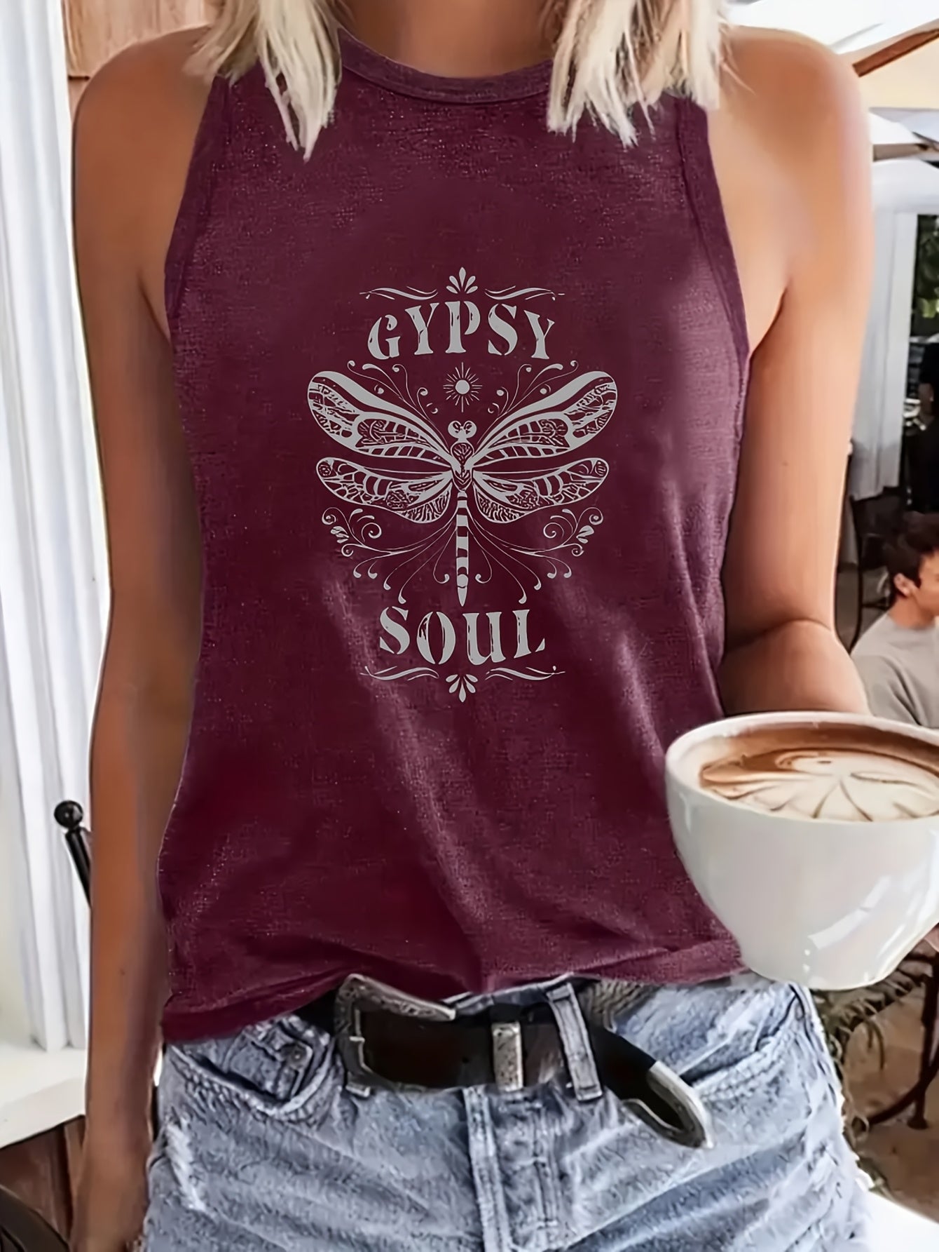 Women' Boho Sleeveless Round Neck Tank Top - Gypsy Soul Dragonfly Print Blouse Suitable for Everyday Casual Wear, Coffee Outfits, Bohemian Style, Machine Washable Non- Shirt for Layering or Use