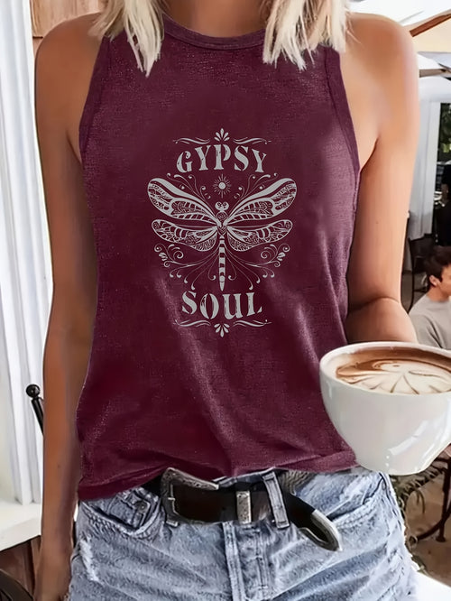 Women' Boho Sleeveless Round Neck Tank Top - Gypsy Soul Dragonfly Print Blouse Suitable for Everyday Casual Wear, Coffee Outfits, Bohemian Style, Machine Washable Non- Shirt for Layering or Use