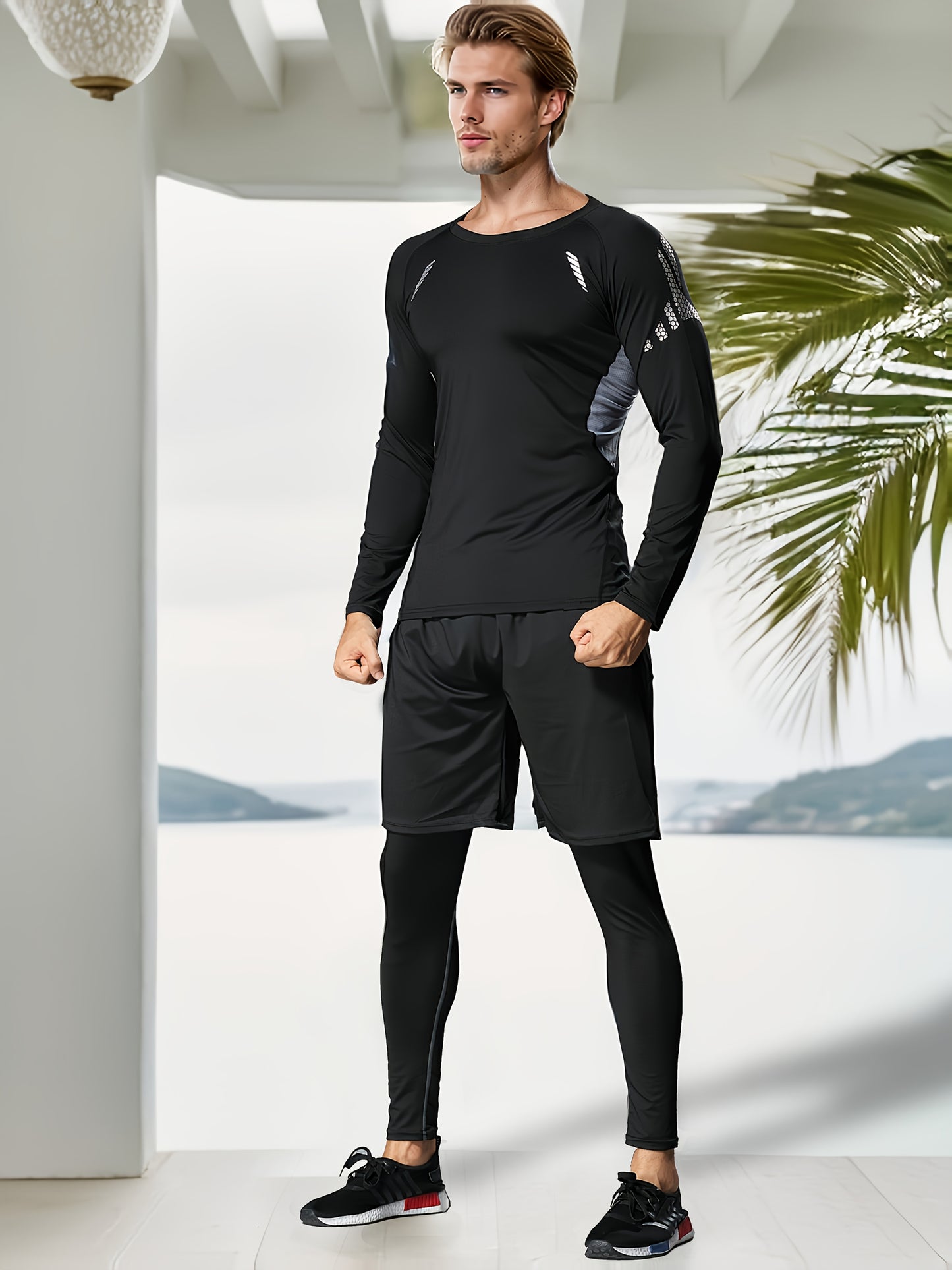 3pcs Men'S Quick-drying CompressionSports, Suit Summer Gym Running Training Clothes, High Elastic Breathable Morning And Night Running Cycling Mountaineering Hiking Fitness Sportswear, Fishing Sun Shirt, Father'S Day Gifts
