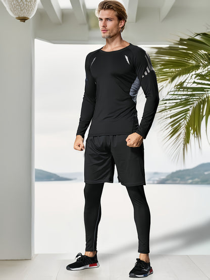 3pcs Men'S Quick-drying CompressionSports, Suit Summer Gym Running Training Clothes, High Elastic Breathable Morning And Night Running Cycling Mountaineering Hiking Fitness Sportswear, Fishing Sun Shirt, Father'S Day Gifts