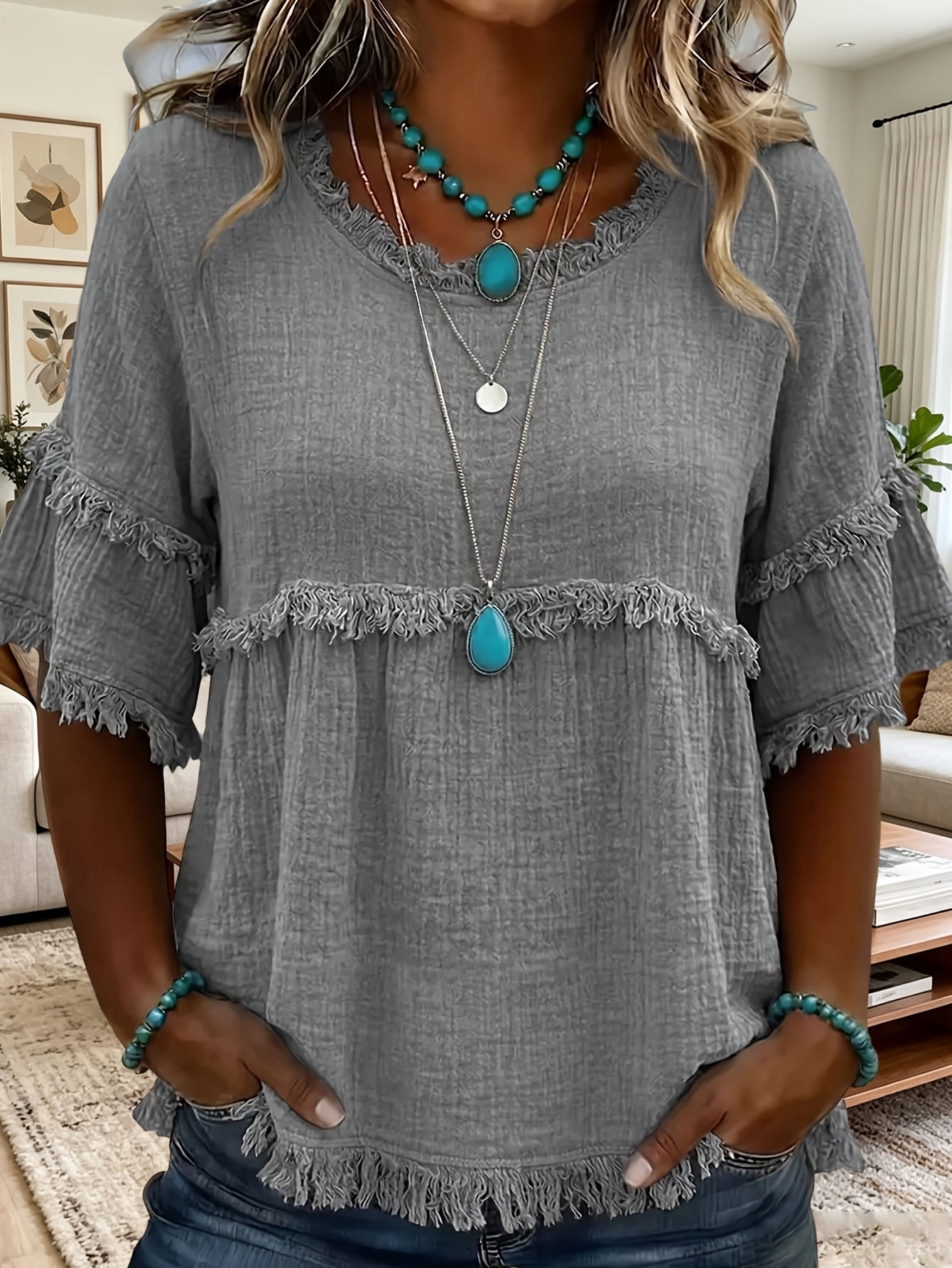 Women'S Round Neck Short Sleeve Casual Blouse with Fringed Trim