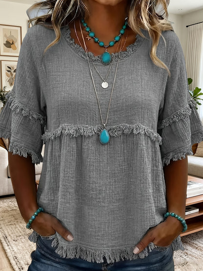 Women'S Round Neck Short Sleeve Casual Blouse with Fringed Trim
