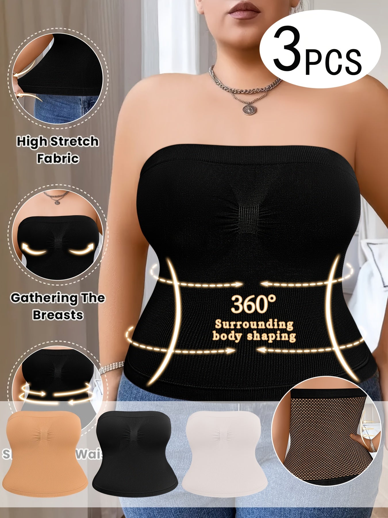 3-Pack Women'S Plus Size Waist Shaping Comfortable & Breathable Tube Top With Built-in Bra