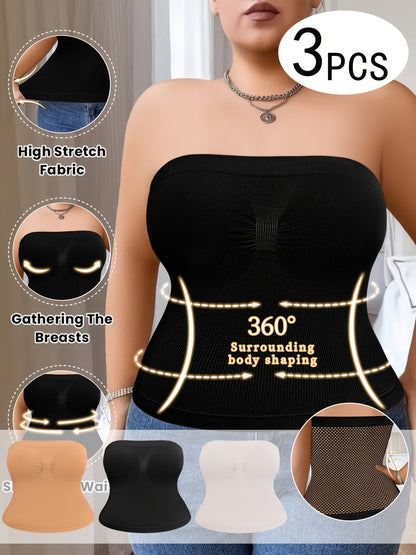 3-Pack Women'S Plus Size Waist Shaping Comfortable & Breathable Tube Top With Built-in Bra