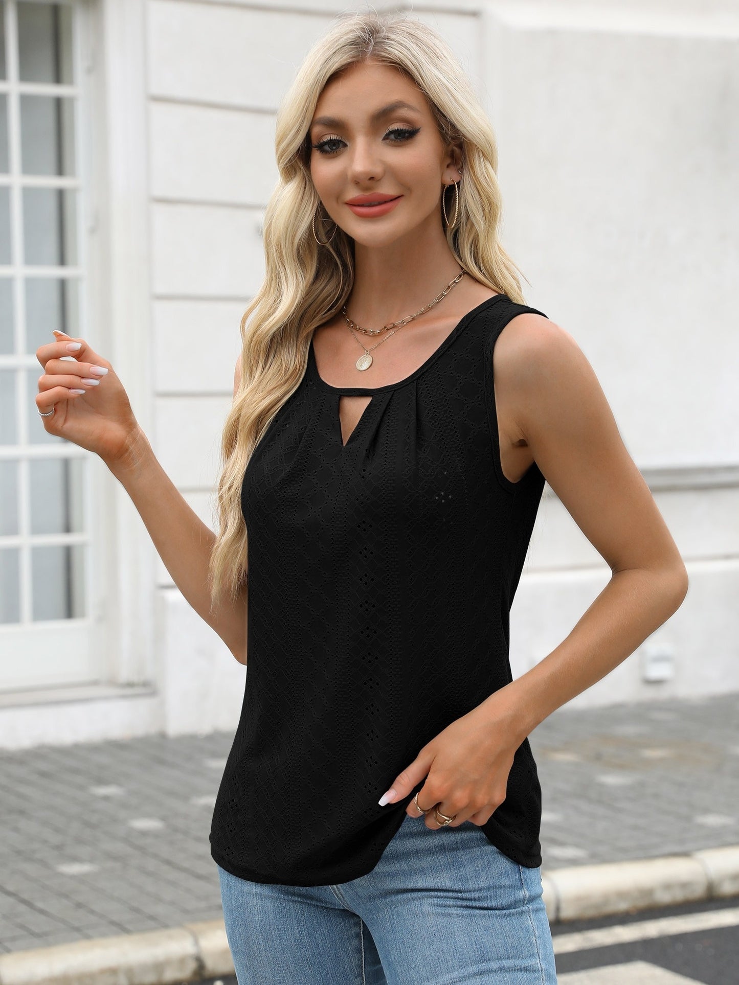 Women's Two-Piece Summer Tank Top Set - Sleeveless Eyelet Embroidery, Loose Fit, Business Casual Tops for Work & Everyday Wear[Women's Two-Piece Summer Tank