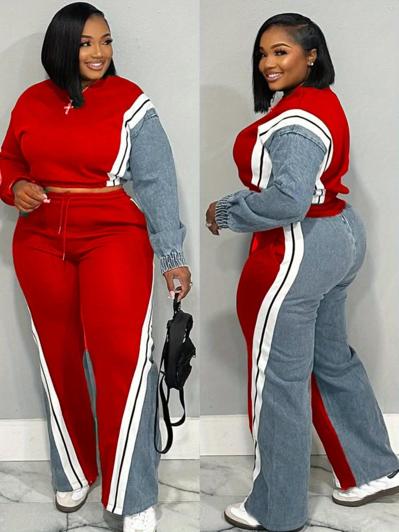 GlOURI Women's 2pcs Tracksuit - Color Block Design & Contrast Side Stripe & Wide-Leg Pants Detail | Casual Trendy Fit for Urban Daily Wear (Slim-Cropped Silhouette & Bold Contrast Stripe Design) for Effortlessly Stylish Looks