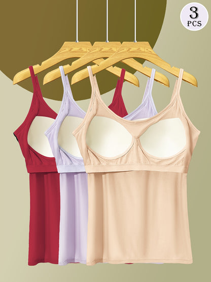 [3-Pack Adjustable Camisole] 3-Pack Comfortable And Versatile Adjustable Strap Camisole With Built-in Bra Pads, One-Piece Bra For Anti-Exposure, Suitable For Home Wear Or Outerwear