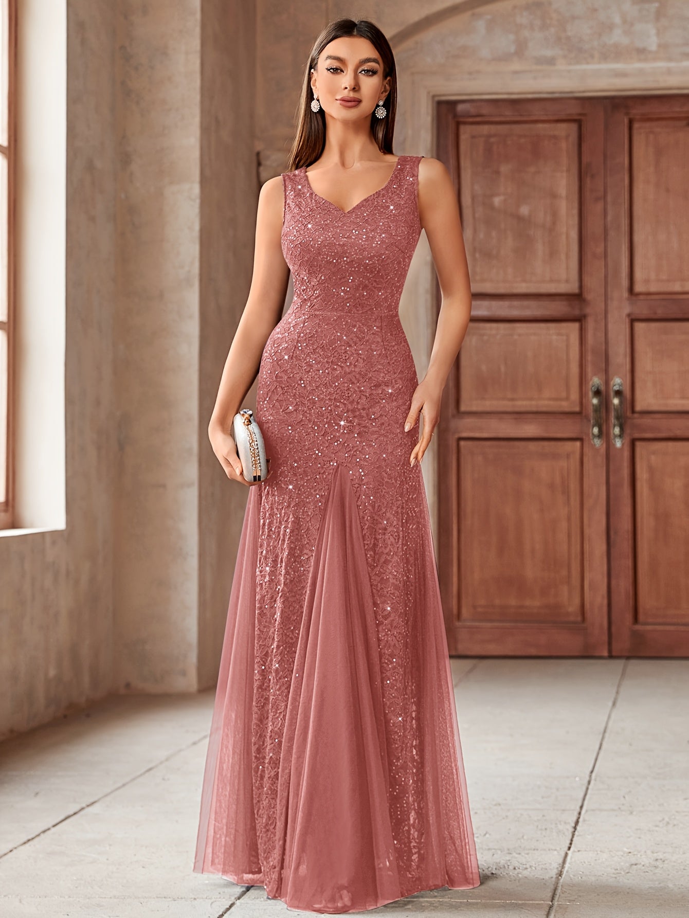 23218 Elegant Women's Sequin Lace Long Evening Bridesmaid Dress, Sweetheart Neckline Sleeveless Design with Slit Tulle Mermaid Hem, Perfect for Formal Wedding Party