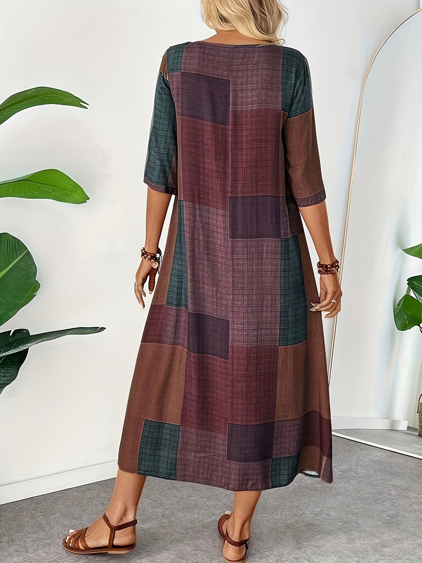[Retro Geometric Dress] Vintage Geometric Print Women's Maxi Dress - Olive Green, Brown, And Beige Patchwork Design, Round Neck, Half Sleeves, Lightweight, Casual to Chic Style, Comfortable Outfit | Retro Geometric Dress | Earth Tone Design, Cute Dress