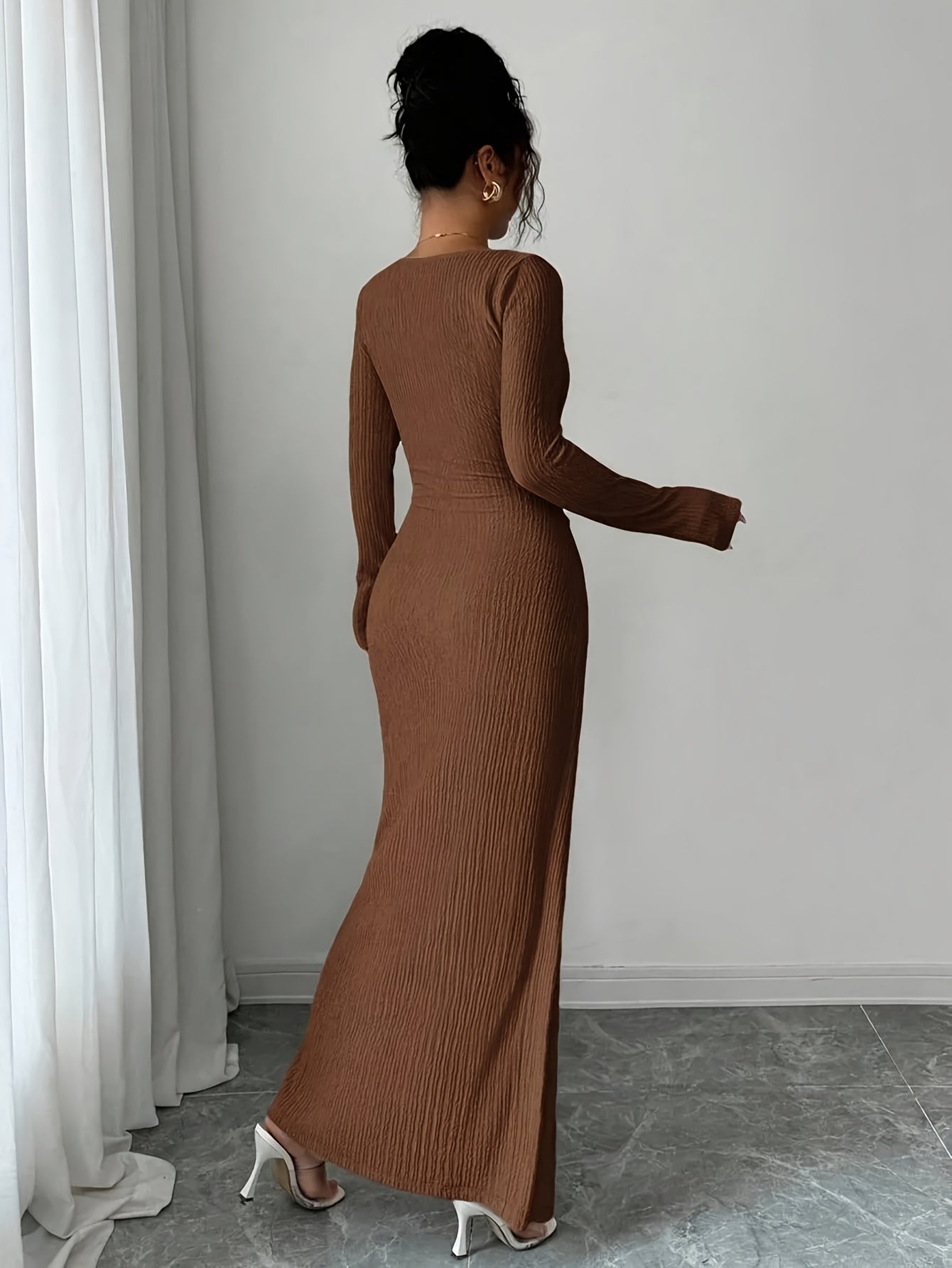 Women'S Solid Color Twisted Split Maxi Dress Asymmetrical Neck Slim Bodycon Fall Winter Elegant Fashion Dress