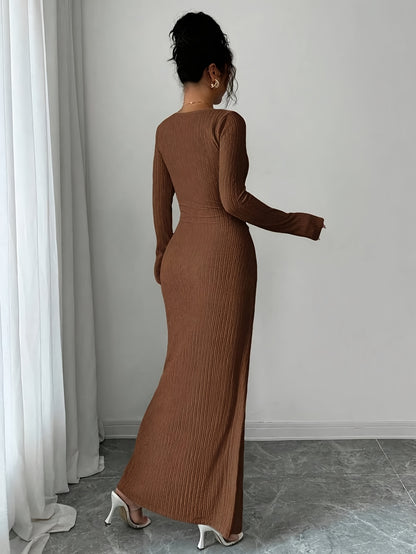 Women'S Solid Color Twisted Split Maxi Dress Asymmetrical Neck Slim Bodycon Fall Winter Elegant Fashion Dress
