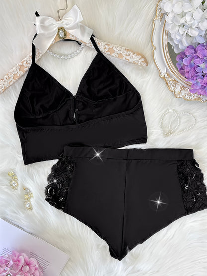 Spring/Summer New Gift Set: Solid Color Lace Trim Halter Neck Tie-Back Button-Up Open-Back Lace Trim Soft Skin-Friendly Sexy Home Sleepwear Set