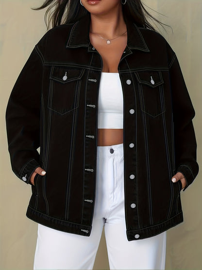 Plus Size Solid Color Collared Button-Front Denim Jacket - Women's Mature Stylish Street Casual Style Loose Fit Daily Comfortable Autumn Winter Plus Size Denim Top