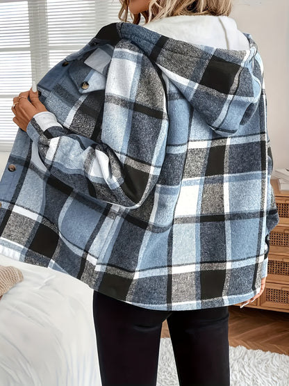Fall & Winter Essential: Women's Plaid Hooded Jacket. Lining for Warmth, Front - Button Design, Adjustable Drawstring Hood. Washable In Brown, Red, Green, Black, Blue. Durable & Soft Fabric, Suitable for All - Day Comfort In Casual Settings.