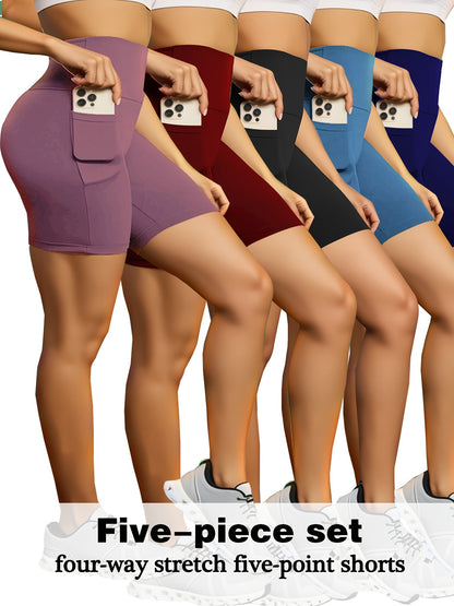 5-Pack Summer Quick-Drying Seamless High-Waisted Compression Yoga Shorts with Pockets for Running/Gym