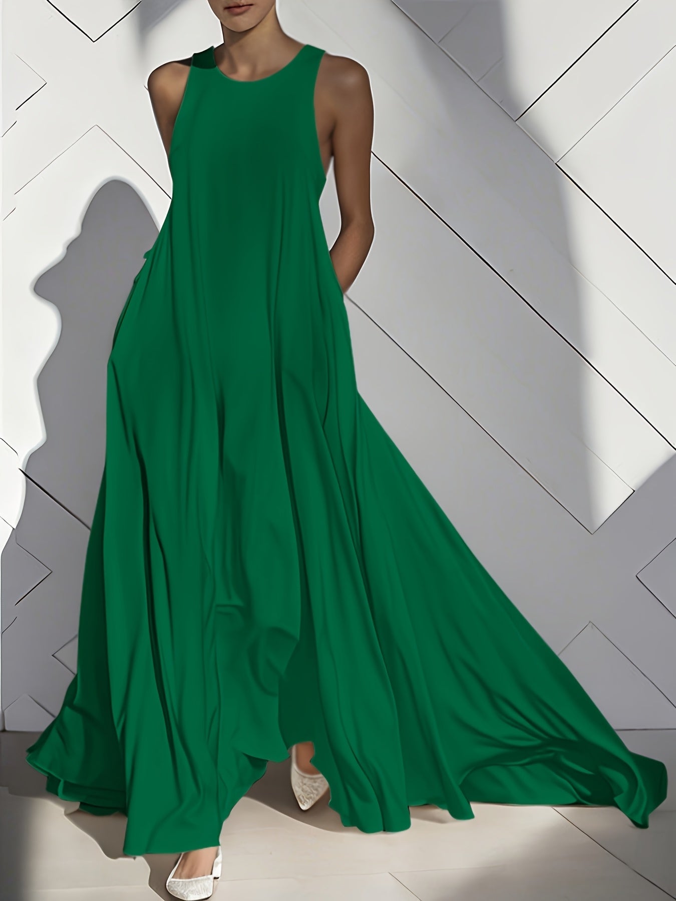 Women'S Long Dress, Summer Sleeveless Pocket Solid Skirt, Flared Ruffled Cutout Round Neck Loose Casual Vacation Fashion Everyday Pleated Maxi Dress
