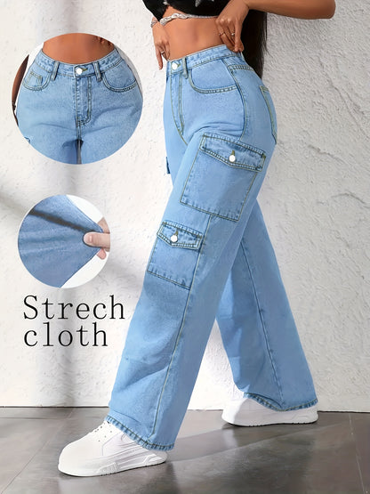 Women'S Plus Size High-Waisted Light Blue Cargo Jeans - 2025 New Stretch Wide-Leg Trousers with Multi-Pocket Design, Beltless Button Closure & All-Season | Elegant Straight-Leg Workwear Pants for Casual & Professional Outfits (Loose-Fit
