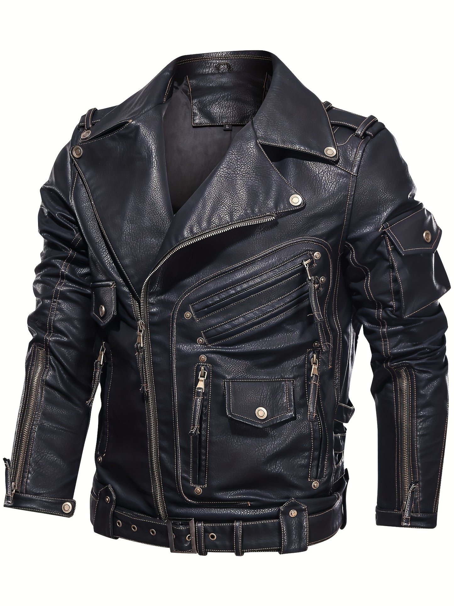 Men's Classic Black Motorcycle Biker Jacket - Multi Zipper Pockets, Adjustable Belt, Vintage Streetwear, Stylish Outerwear for Riding, Travel, Parties, Everyday Urban Look, Gift Idea