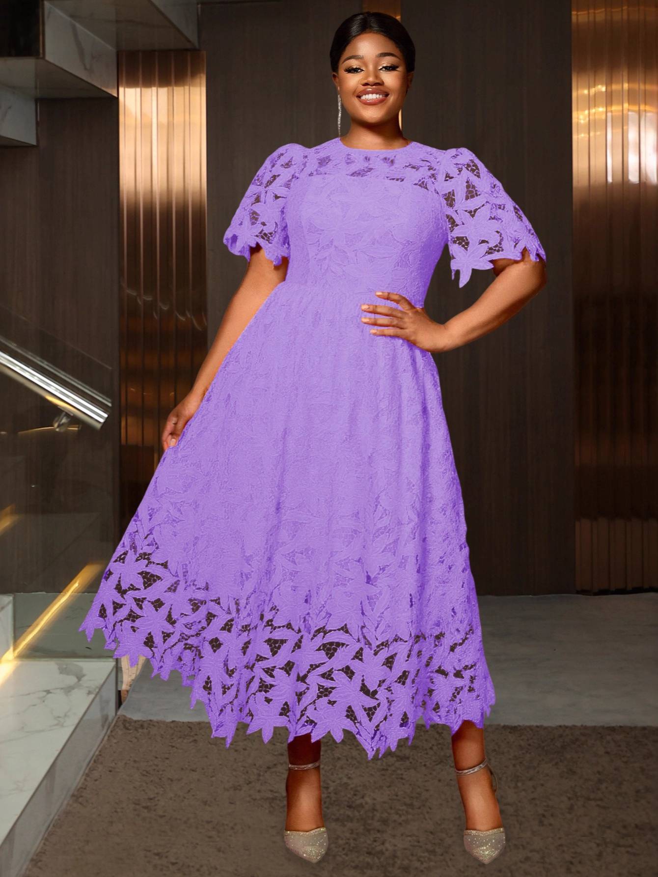 Plus Size - Plus Size - Plus Size Round Neck Lace Dress, Elegant Midi Length with Waist Definition, Formal Banquet And Evening Gown