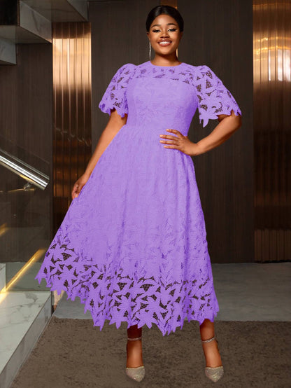 Plus Size - Plus Size - Plus Size Round Neck Lace Dress, Elegant Midi Length with Waist Definition, Formal Banquet And Evening Gown