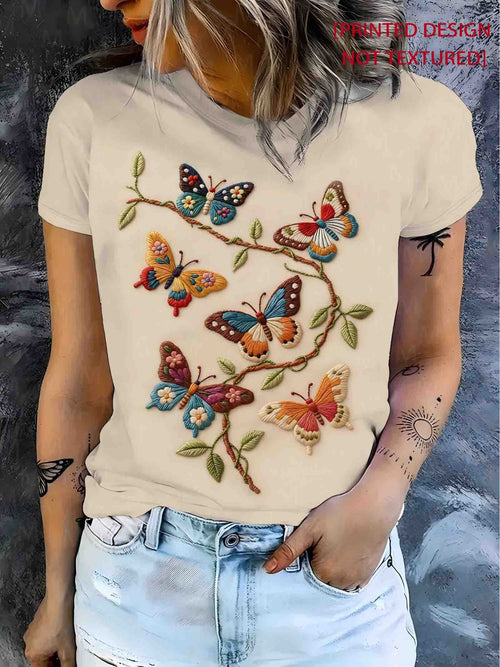 Forest Style Butterfly Wreath Short Sleeve T-Shirt Round Neck Loose White Top Artistic Retro Gentle Style Niche Design Short Sleeve