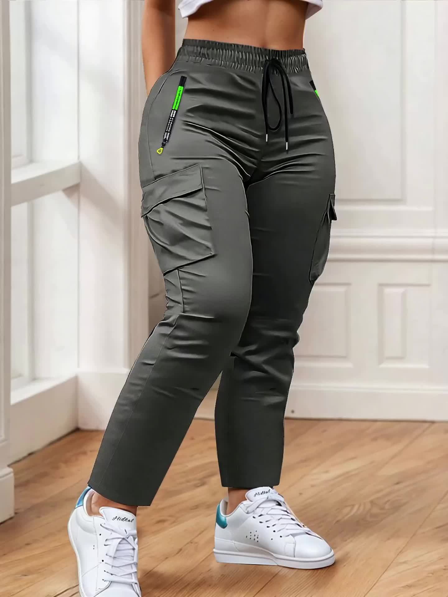 Women'S Heavy-Duty Cargo Pants with Multi-Zipper Pockets & Neon Green Zippers - Belt-Like Waist Drawstring, Full-Length Trousers for Outdoor, Travel - Casual Pants (Neon Green Accent, Spring/Fall) - No-Leg-Slip Design