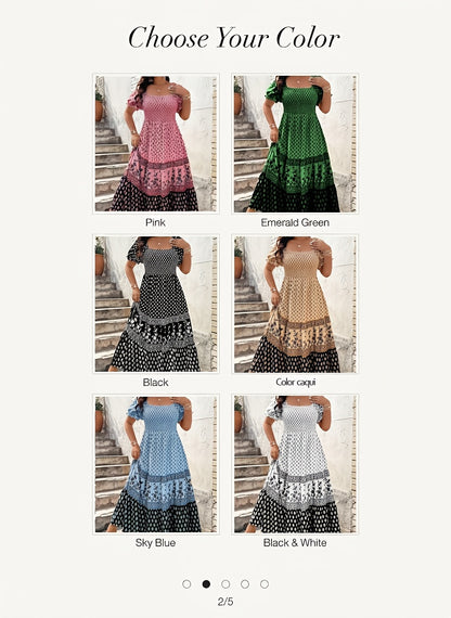 Plus Size - 1pc Spring Summer Mother'S Day Plus Size Women Elegant Bohemian Maxi Dress - Square Neck Puff Sleeve Smocked Bodice Floral Geometric Print Tiered Long Skirt Sophisticated Graceful Style For Vacation Beach Party Wear