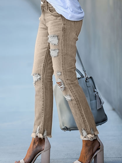 26AW Women's Elastic Khaki Vintage Multi-Purpose Casual Fashion-Elegant Waistband Pocket Machine Washable Durable Slim Fit Hole-Rounded Flowing Fringe Short A-Line Denim Pants Street Trendy Style