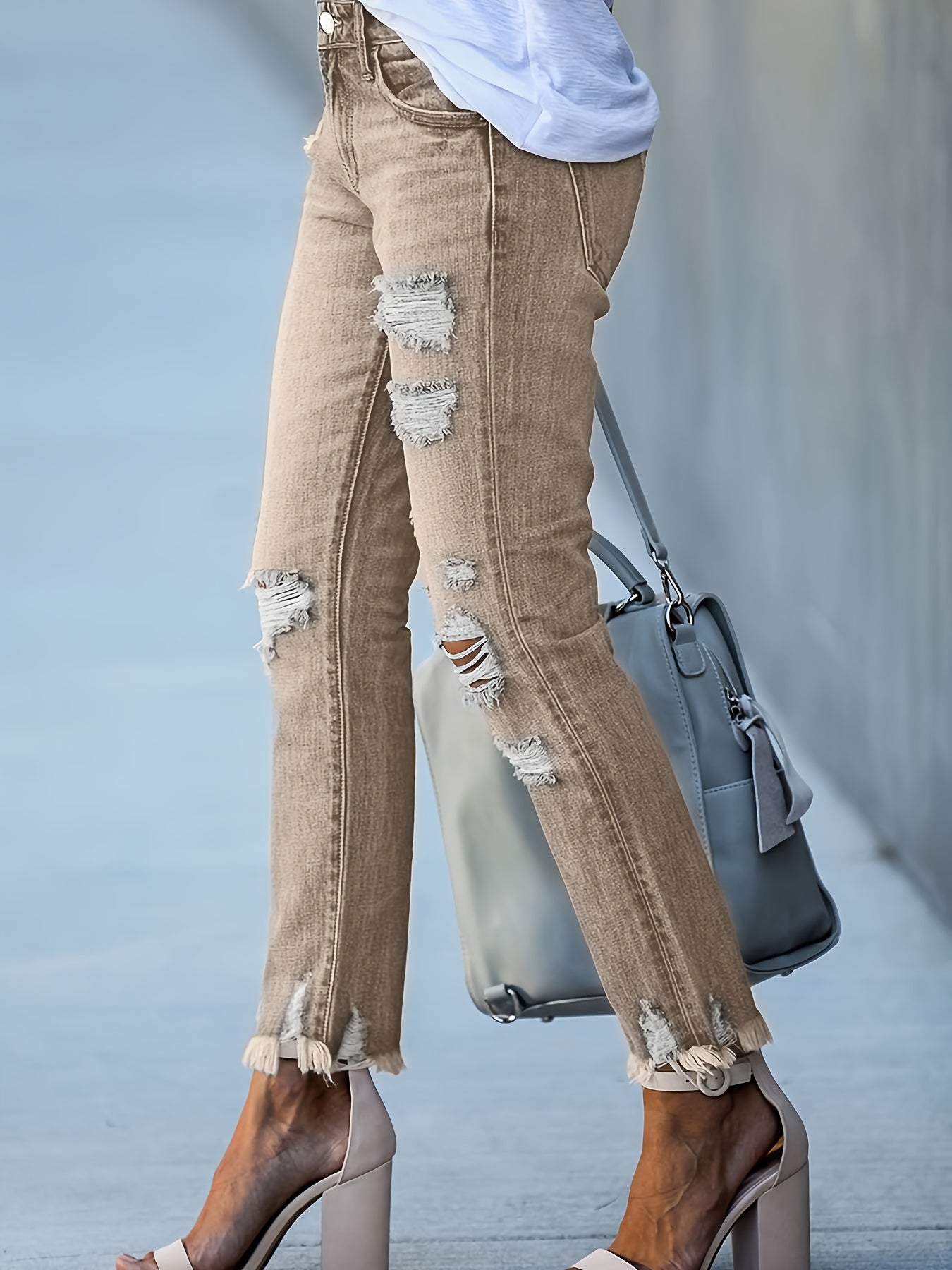 26AW Women's Elastic Khaki Vintage Multi-Purpose Casual Fashion-Elegant Waistband Pocket Machine Washable Durable Slim Fit Hole-Rounded Flowing Fringe Short A-Line Denim Pants Street Trendy Style