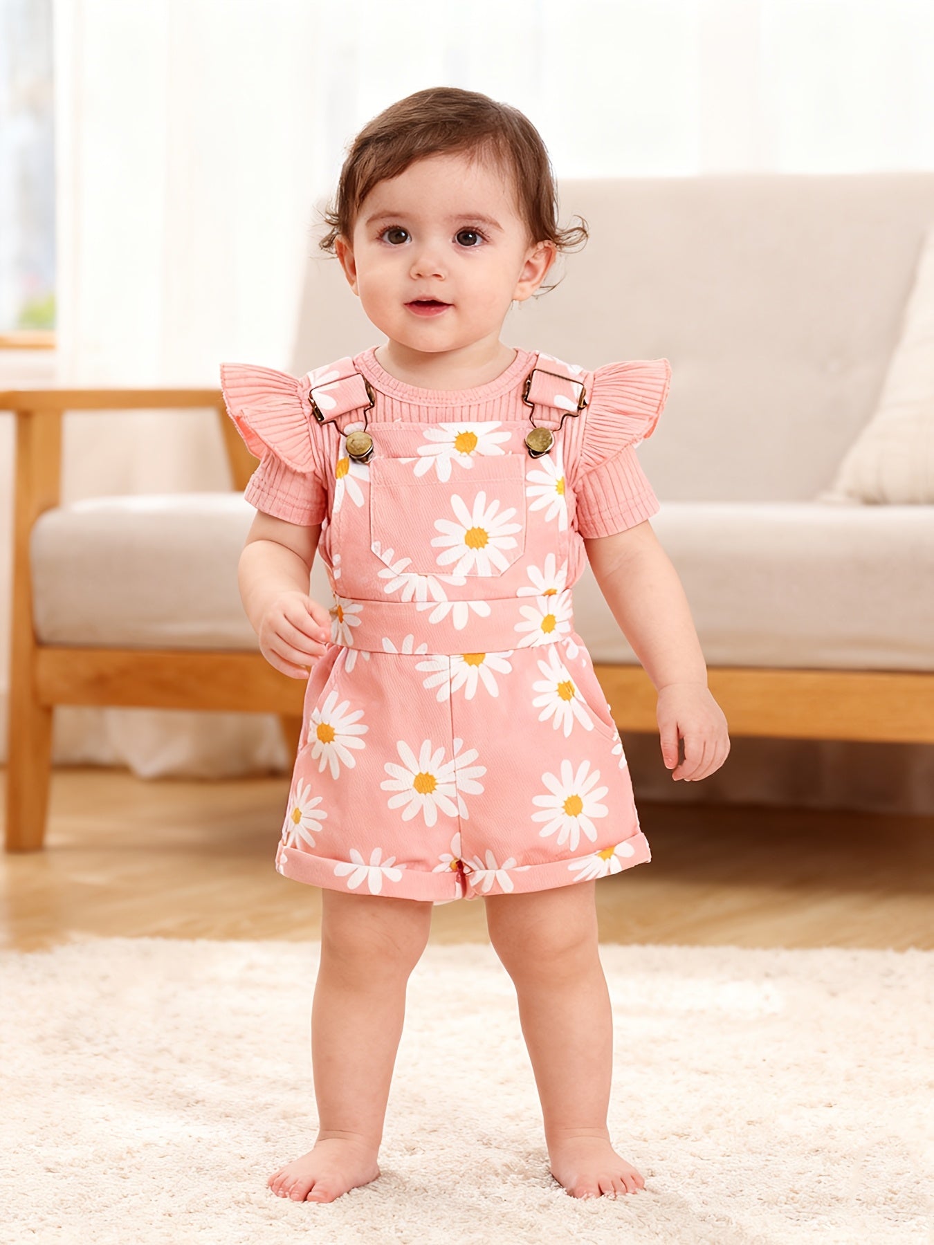 Random 1 Sets Baby Girl Clothes Ribbed Short Sleeved Triangular Jumpsuit Printed Overalls Set, for Outdoor
