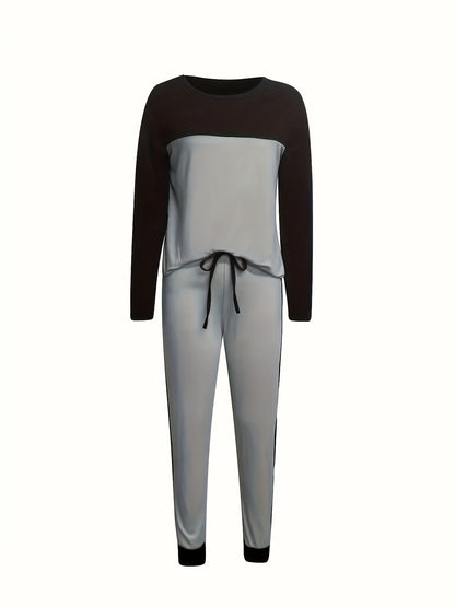 Fashionable Autumn And Winter Casual Elegant Color-block Round-neck Long-sleeve T-shirt with Pants Two-piece Set