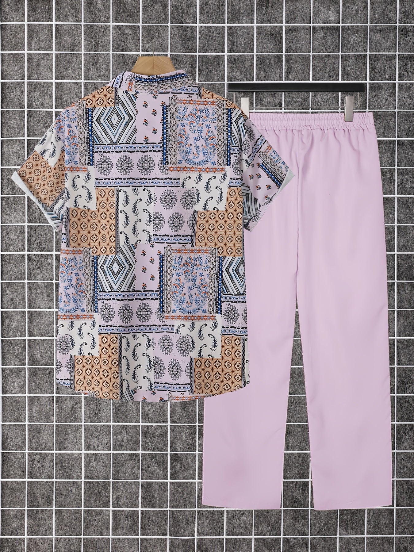 2pcs Men'S Summer Short Sleeve Button-Up Shirt and Pants Set - Light Blue Geometric Print, Casual Regular Fit with Drawstring Waist, Non-Stretch Fabric, Perfect for Casual Attire, Everyday Clothing | Geometric Print Shirt | Woven Fabric Shirt