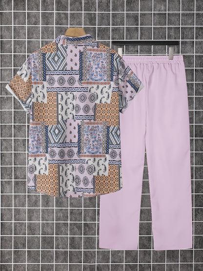 2pcs Men'S Summer Short Sleeve Button-Up Shirt and Pants Set - Light Blue Geometric Print, Casual Regular Fit with Drawstring Waist, Non-Stretch Fabric, Perfect for Casual Attire, Everyday Clothing | Geometric Print Shirt | Woven Fabric Shirt