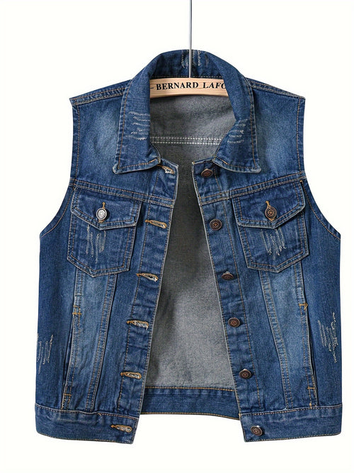 Casual Streetwear Featuring a Sleeveless Denim Jacket with a Ripped Lapel, Button- Front, And Pockets