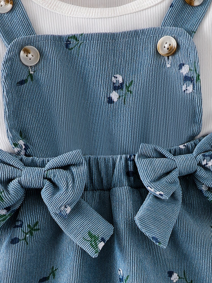 3pcs Baby Girls Set Flutter Sleeve Short Sleeve Tee 3D Bow Floral Print Suspender Skirt Summer Outdoor Play, Perfect for Outdoor